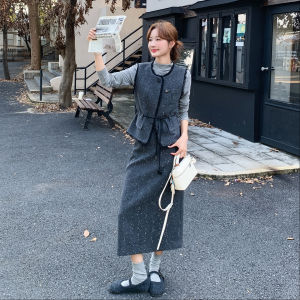Grey French Vintage Sequin Woolen Set Womens 2025 Autumn New Style Vest Inner Half Skirt Three-piece Set Casual Wear