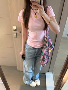 Pink Unique Beautiful Pure Cotton Short Sleeve T-Shirt Womens Fashion Slim Fit Korean Style Chic Summer Top round Neck