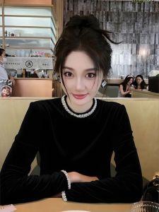 QFN | Elegant Stylish Velvet Black Long-sleeved Shirt