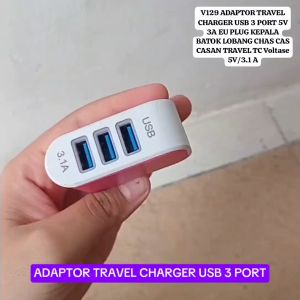 V129 ORI ADAPTOR TRAVEL CHARGER USB 3 PORT 5V 3A EU PLUG KEPALA BATOK LOBANG CHAS CAS CASAN TRAVEL TC