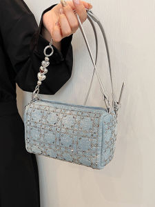 Fashionable Embellished Diamond Womens Shoulder Bag Denim Material Bucket Shape Casual Style Korean Version New Arrival
