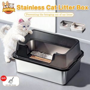 Stainless Steel Cat Litter Box With Scoop Open Top High Fence Metal Pet Toilet With Strainer