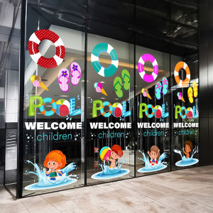 Cartoon Style Swimming Pool Glass Stickers Childrens Water Park Advertising Static Wall Decals No Glue Window Flowers