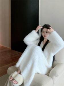 White Mouton Velvet Cashmere Knitted Dress Womens Loose Long Skirt Autumn New Style Gentle Wind V-neck Mid-length Dress