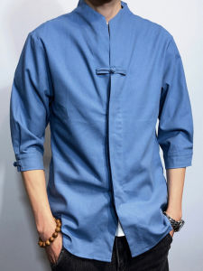 Plus Size Chinese Style Spring and Summer Three-Quarter Sleeve Tang Suit Pure Color Shirt Casual Han Dynasty Mens Summer Wear Buckle Cotton and Linen Zhongshan Suit