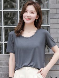 Modal Silk Ice Silk เสื้อยืดแขนสั้นผู้หญิง U-คอดูหลวม Fit สีสบายๆฤดูร้อนเสื้อผ้า PLUS ขนาด