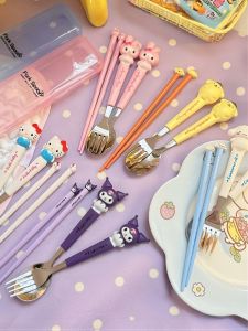 Sanrio Cute Stainless Steel Fork Spoon and Chopsticks Suit For Home Portable Kids Cinnamon Dog Spoon Tableware Three-Piece Set