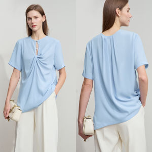 AMII | New Summer Round Neck Short Sleeve Pleated Two-way Wearing Lace-up Sheer Blouse