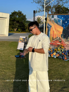 Áo Thun Dài Tay Thêu Cotton Rộng Rãi Màu Trắng Thời Trang Thường Ngày Mùa Xuân Thu Mới Về Cho Nam