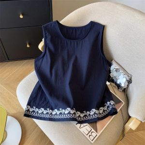 Summer 2025 New round Neck Embroidered Splicing Linen Sleeveless Top Women Thin Versatile Vest Cotton 100% Solid Color Commute Style