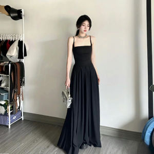French Style Black Strapless Gown Womens Summer 2024 Waist Cinching Hip Concealing Slimming Clavicle Baring Long Dress
