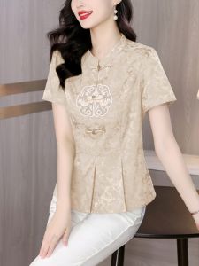 New Chinese Style Jacquard Shirt Womens Summer New Arrival Ladieswear Short Sleeve Frog Buckle Floral T-Shirt Standing Collar Cheongsam Tops