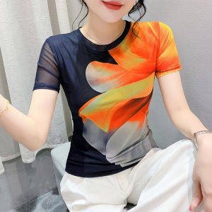 Đẹp Độc Đáo In Hình Mùa Hè Áo Thun Nữ Slim Fit Lưới Tay Ngắn Cổ Tròn Cơ Thể Phong Cách Nhận Thức Polyester 100%
