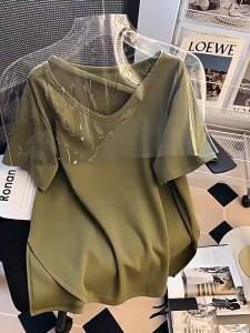DVDK | Solid Color Side Slit V-Neck Short Sleeve T-Shirt