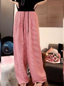 Quần dài BINKAFENNY nữ ống rộng họa tiết kẻ caro cạp cao dáng rộng