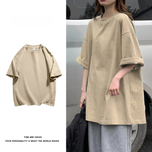Summer Oversize Solid Color Short Sleeve T-Shirt Womens Student Inner Wear Base Shirt Commute Style Loose Fit round Neck