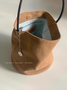Kwan Mini Bucket Bag Womens Single Shoulder Handbag Cowhide Suede Soft Korean Style Fashion Bag for Young Ladies