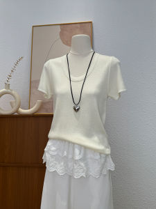 White Knitted Short Sleeve T-Shirt Women Summer Thin Fashionable Versatile Simple Soft Top Korean Style Commute Pure Color