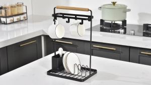 Elegant Bamboo-Handled Metal Dish Rack with Stainless Steel Holder for Mug Plate & Utensils Countertop Storage Organizer
