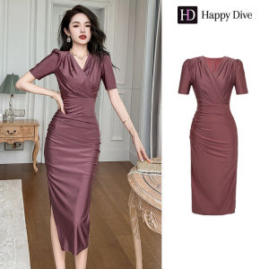 Happy Diva เดรสผู้หญิง เดรสสีม่วง เดรสคอวี เดรสทำงาน เดรสไฮโซ เดรสฝรั่งเศส เดรสออกงาน เดรสไปงานแต่ง เดรสเซ็กซี่ 30167
