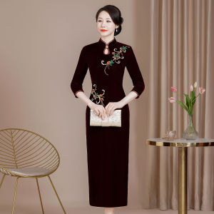 ชุดแต่งงานสำหรับคุณแม่ ชุดราตรีสุดสง่างาม ผ้ากำมะหยี่สีทอง คอลเลกชั่นฤดูใบไม้ร่วง 2024 ชุดฮันยีสไตล์จีนสำหรับคุณยาย