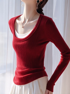 Christmas New Year Red Knitted Sweater Womens Slim Fit Base Layer Shirt Fake Two-Piece Warmth Emitting Long Sleeve Woolen Top