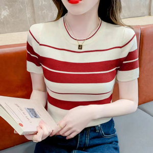 NUANKONG | Round Neck Thin Striped T-Shirt
