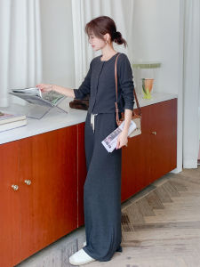 Deep Grey Korean Style Retro Casual Sport Open Cardigan Set Womens Autumn New Three-piece Set Wide Leg Pants Strap