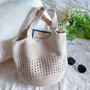 InsEN Artistic Cotton Thread Hollow Handwoven Crochet Bag Casual Versatile Single Shoulder Handbag for Women Bucket Shape Medium Size