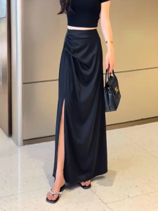 MANMI | High Waist Elegant French Black Side Split Maxi Skirt