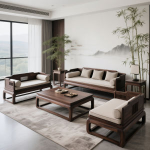 New Chinese Style Black Walnut Wood Han Bed Combination Sofa Villa Model Room Simple Fabric Sofa Home Furniture Living Room