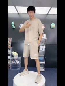 2-piece Mens Waffle Casual Suit Mens Summer Ice Silk Short-sleeved T-shirt Mens Handsome Plus-size Sports Suit