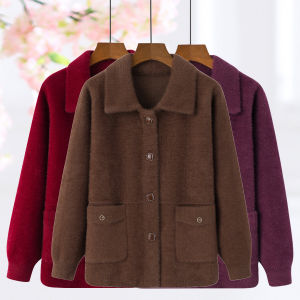 Áo Khoác Một Màu Giả Lông Chồn Mẫu Mới Thu Đông Cho Mẹ TRUNG NIÊN Trang Phục Nữ Trung Niên Cao Tuổi Áo Khoác Cardigan Dệt Kim Quần Áo Cho Người Già