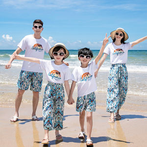 Summer Family Matching Outfits Cotton Wide Leg Pants Beach Travel Couple Set Kids And Parents T-shirts Nine Points Straight Cut