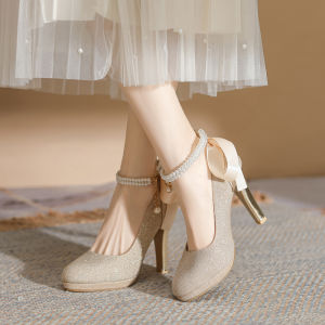 One-Strap Pearl Champagne High Heel Shoes Waterproof Platform Main Wedding Shoes Thick Heel French Style Fairy Shoes Gentle Flats