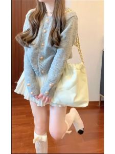 Premium Grey Cardigan Sweater for Women Tweed Style Loose Fit Long Sleeves Spring Autumn Fashion Outerwear