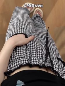 Bud Black and White Plaid Pants Womens Summer Stylish Niche Style Casual Straight-Leg Walking Pants Ice Silk Cotton Linen Loose Pants