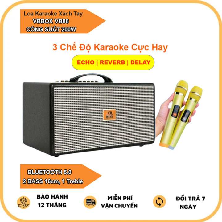 Loa Karaoke Xách Tay VBBOX VB86 Công Suất 200W, 2 Bass 16Cm Âm Thanh Sống Động Karaoke Cực Hay, Kèm 2 Micro Không Dây Hát Nhẹ Tiếng Sáng 3 Chế Độ Karaoe Echo, Reverb, Delay Kết Nối Bluetooth 5.0 Bảo Hành 12 Tháng