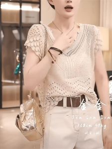 เสื้อถักคอวีแขนสั้นสไตล์โบฮีเมียน ทรงหลวม ทรงบาง สำหรับผู้หญิง ฤดูร้อน 2024 เสื้อคลุมกันหนาวแบบลำลอง สีสันสดใส