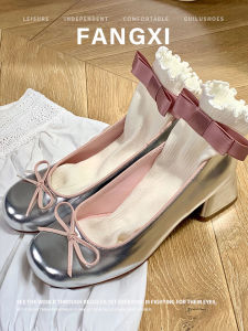 รองเท้าหัวมนสีเงิน Mary Jane ผู้หญิง รองเท้าผูกปมส้นหนารองเท้าเดี่ยว ฤดูใบไม้ผลิ ฤดูใบไม้ร่วง สไตล์ฝรั่งเศส ทันสมัย ลำลอง รองเท้า