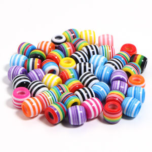 50pcs Rainbow Color Stripe Pattern Barrel Shape Resin Beads for Jewelry Making Big Hole Loose Spacer Beads DIY Bracelet Necklace