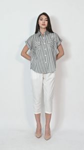 QUEENTIN Kemeja Wanita Casual 0110 Katun Woven Motif Salur Lengan Pendek