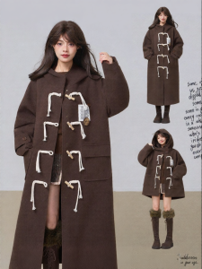 KEIKO | Áo Khoác Len Phong Cách Học Đường Có Nút Sừng Dài Hooded Thu Đông