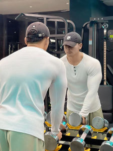 American Style Long Sleeve Henry Shirt T-Shirt Fitness Mens Hard Shoulder Insertion Retro Cotton Ribbed Muscle Show Big Man