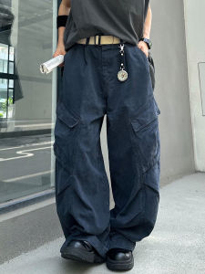 American Retro Loose Wide Leg Casual Pants with Pockets Destructed Wrinkle Knife Edge Workwear Trousers for Young Men