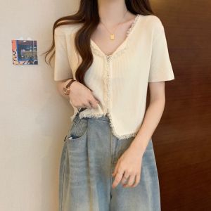 plus Size Womens Knitted V-Neck Short Sleeve Open Cardigan Summer New Style Slimming Design Korean Straight Cut Shoulder Top