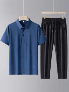 ROMON | Lomond Mens Ice Silk Casual Set Summer Thin Middle-aged And Elderly Dad Clothes Fathers Day Grandpa Clothes Polo Shirt