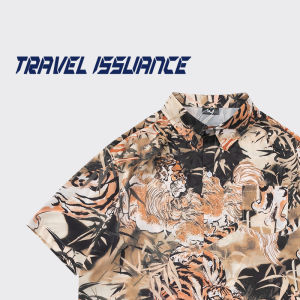 Travel Issuance Tiger Print Short Sleeve Loose Fit Shirt High Street Trend Youth Summer Fashion Casual Wear Color Woven Fabric