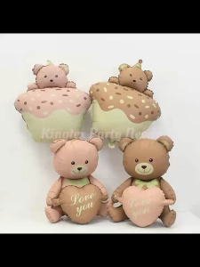 Bear cake Matte foil balloon retro pastel chocolate Pink 29 inches Cupcake foil Bear birthday party decorations