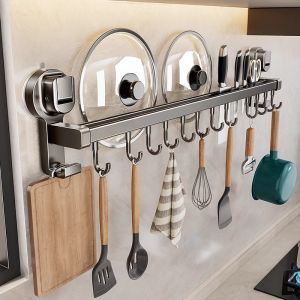 No-Drill Kitchen Organizer Rack with Suction Cup Hooks for Pots Spoons Spatulas and Multi-Function Knife Rack